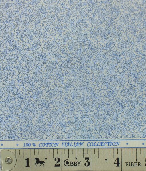 Exquisite  White Base Pure Cotton Blue Paisley Print Shirt Fabric (1.60 M)