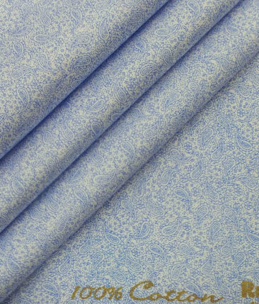 Exquisite  White Base Pure Cotton Blue Paisley Print Shirt Fabric (1.60 M)