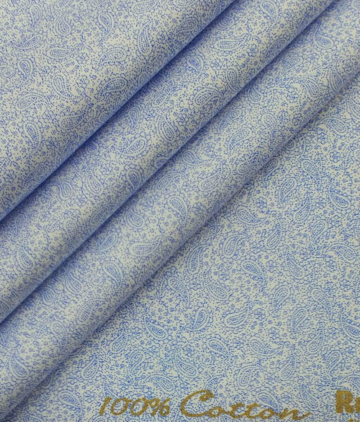 Exquisite  White Base Pure Cotton Blue Paisley Print Shirt Fabric (1.60 M)