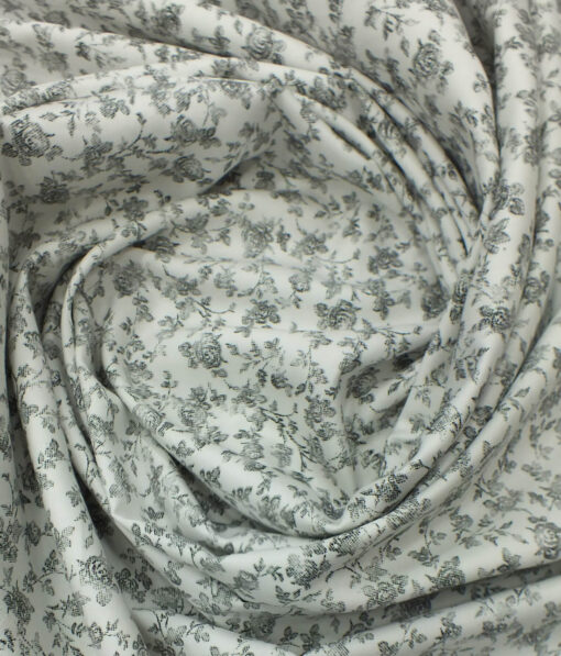 Exquisite  White Base Pure Cotton Grey Floral Printed Shirt Fabric (1.60 M)