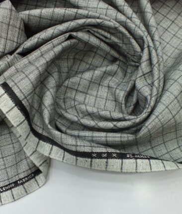 J.Hampstead by Siyaram's Light Silver Grey Jute Weave Checks Poly Viscose Trouser or 3 Piece Suit Fabric (Unstitched - 1.25 Mtr)