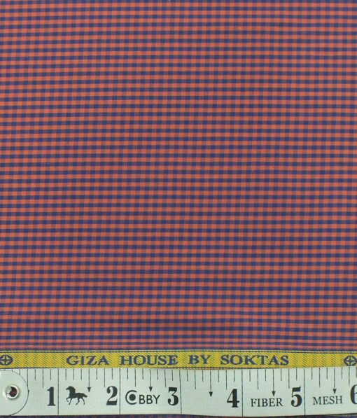 Giza House by Soktas Blush Red 100% Premium Cotton Blue Checks Shirt Fabric (1.60 M)