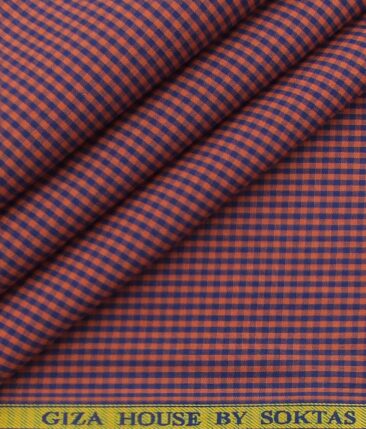 Giza House by Soktas Blush Red 100% Premium Cotton Blue Checks Shirt Fabric (1.60 M)