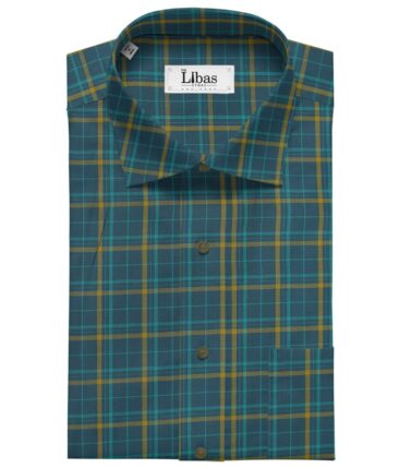 Giza House by Soktas Dark Firozi Blue 100% Premium Cotton Brown Checks Shirt Fabric (1.60 M)