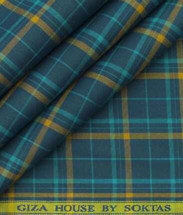 Giza House by Soktas Dark Firozi Blue 100% Premium Cotton Brown Checks Shirt Fabric (1.60 M)
