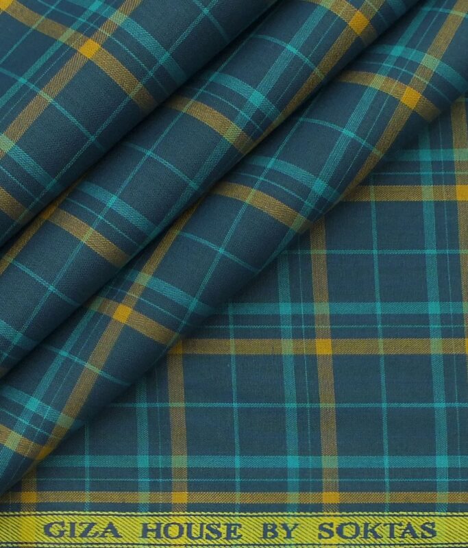 Giza House by Soktas Dark Firozi Blue 100% Premium Cotton Brown Checks Shirt Fabric (1.60 M)