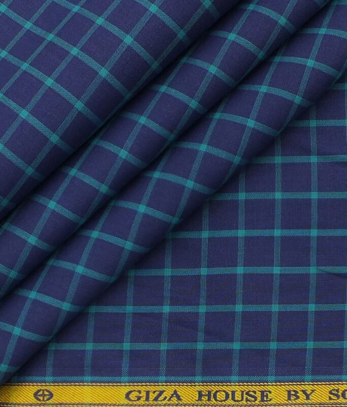 Giza House by Soktas Dark Royal Blue 100% Premium Cotton Firozi Blue Checks Shirt Fabric (1.60 M)