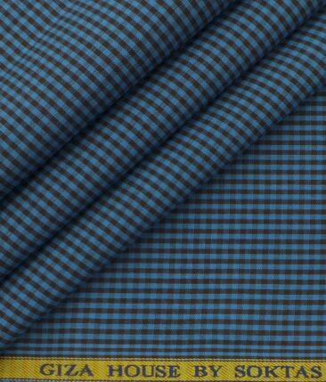 Giza House by Soktas Firozi Blue 100% Premium Cotton Blue Checks Shirt Fabric (1.60 M)