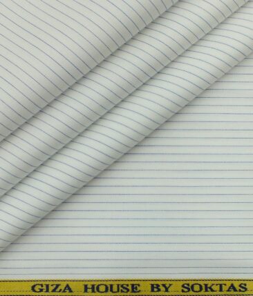 Giza House by Soktas White 100% Premium Cotton Blue Striped Shirt Fabric (1.60 M)