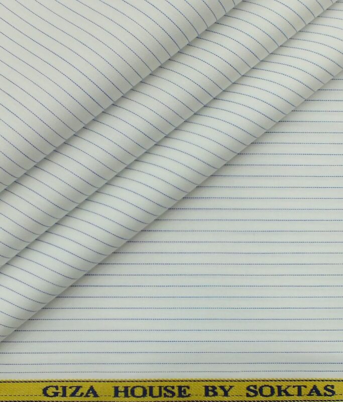 Giza House by Soktas White 100% Premium Cotton Blue Striped Shirt Fabric (1.60 M)