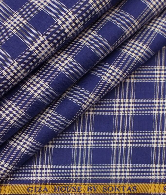 Giza House by Soktas Royal Blue 100% Giza Cotton White Checks Shirt Fabric (1.60 M)