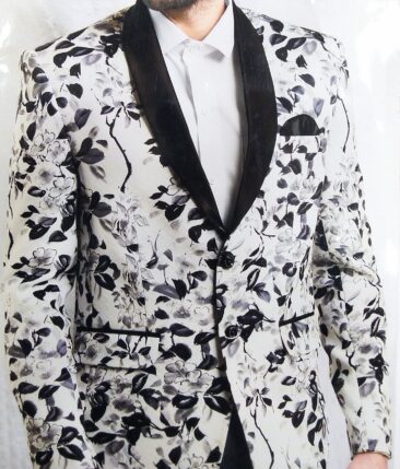 Exquisite White Terry Rayon Dark Blue Floral Print Unstitched Blazer Fabric (2 M)