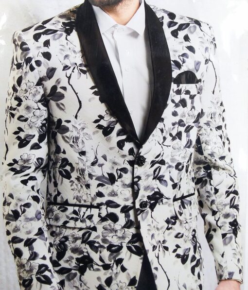 Exquisite White Terry Rayon Dark Blue Floral Print Unstitched Blazer Fabric (2 M)