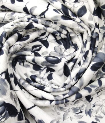 Exquisite White Terry Rayon Dark Blue Floral Print Unstitched Blazer Fabric (2 M)