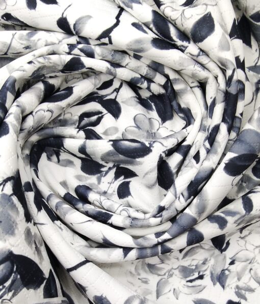 Exquisite White Terry Rayon Dark Blue Floral Print Unstitched Blazer Fabric (2 M)