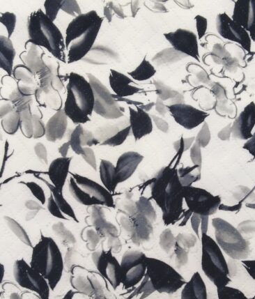 Exquisite White Terry Rayon Dark Blue Floral Print Unstitched Blazer Fabric (2 M)