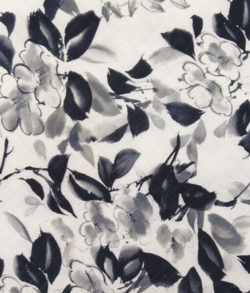 Exquisite White Terry Rayon Dark Blue Floral Print Unstitched Blazer Fabric (2 M)