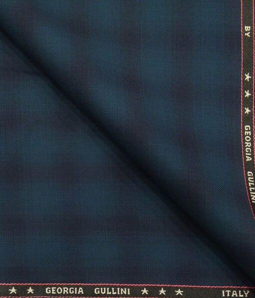 Georgia Gulini Peacock Blue Checks Poly Viscose Unstitched Fabric (1.25 Mtr) For Trouser
