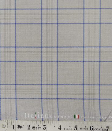 Italian Channel Light Grey Broad Blue Check Terry Rayon Unstitched Fabric (1.25 Mtr) For Trouser