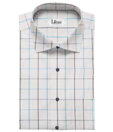 J.Hampstead by Siyaram's White 100% Giza Cotton Blue Checks Shirt Fabric (1.60 M)