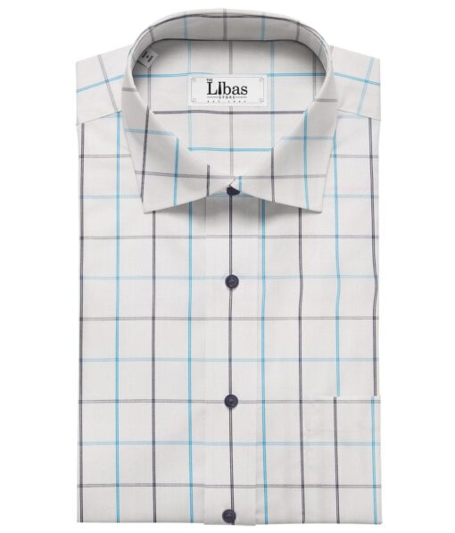 J.Hampstead by Siyaram's White 100% Giza Cotton Blue Checks Shirt Fabric (1.60 M)