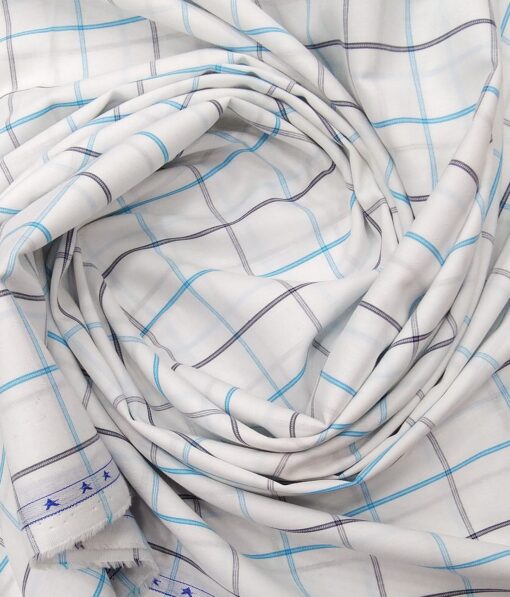 J.Hampstead by Siyaram's White 100% Giza Cotton Blue Checks Shirt Fabric (1.60 M)
