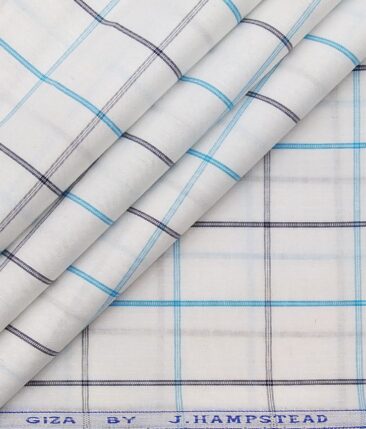 J.Hampstead by Siyaram's White 100% Giza Cotton Blue Checks Shirt Fabric (1.60 M)
