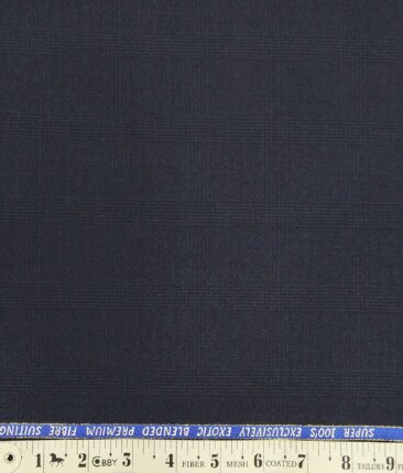 J.Hampstead by Siyaram's Dark Navy Blue Self Checks Super 100's 20% Merino Wool  Unstitched Fabric (1.25 Mtr) For Trouser