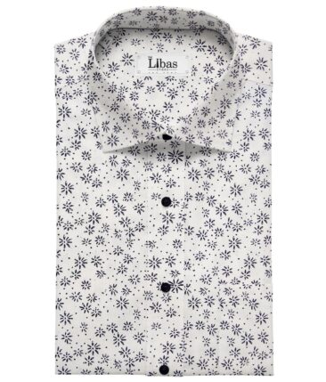 Monza White 100% Superfine Cotton Navy Blue Floral Printed Shirt Fabric (1.60 M)
