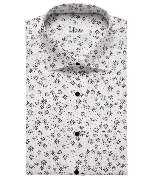 Monza White 100% Superfine Cotton Navy Blue Floral Printed Shirt Fabric (1.60 M)