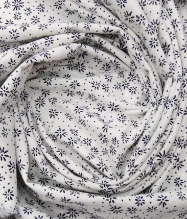 Monza White 100% Superfine Cotton Navy Blue Floral Printed Shirt Fabric (1.60 M)