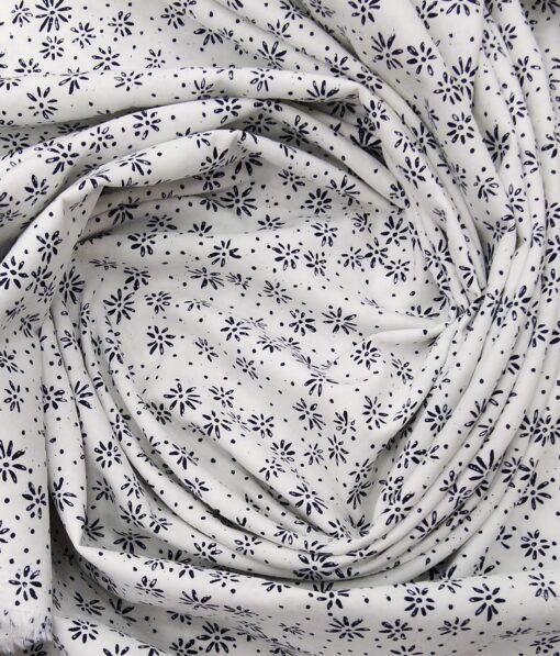Monza White 100% Superfine Cotton Navy Blue Floral Printed Shirt Fabric (1.60 M)