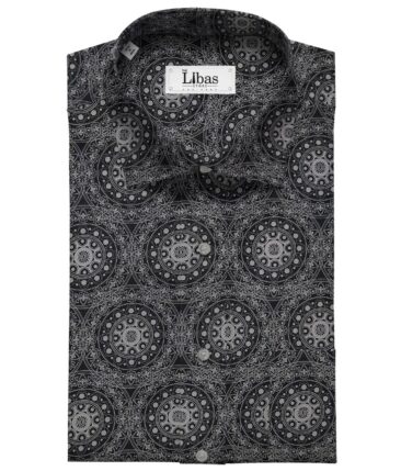 Monza Black 100% Superfine Cotton Grey Damask Print Shirt Fabric (1.60 M)
