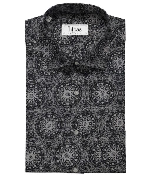Monza Black 100% Superfine Cotton Grey Damask Print Shirt Fabric (1.60 M)