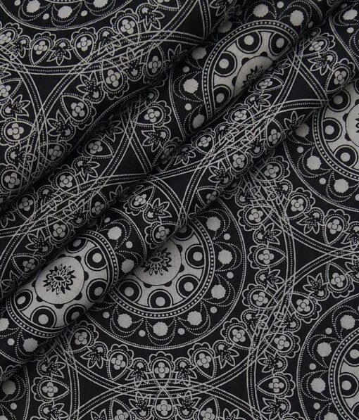 Monza Black 100% Superfine Cotton Grey Damask Print Shirt Fabric (1.60 M)