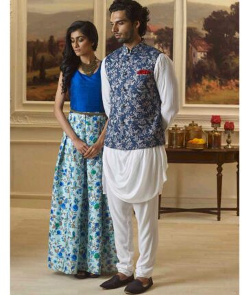 Mark & Peanni Blue Terry Rayon Multi Color Floral Print Jute Weave Unstitched Blazer or Bandhgala Fabric (2 M)
