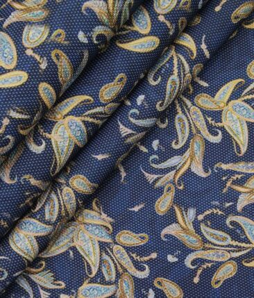 Mark & Peanni Blue Terry Rayon Multi Color Floral Print Jute Weave Unstitched Blazer or Bandhgala Fabric (2 M)