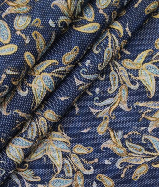 Mark & Peanni Blue Terry Rayon Multi Color Floral Print Jute Weave Unstitched Blazer or Bandhgala Fabric (2 M)