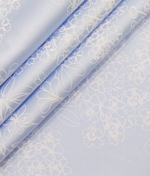 Nemesis Light Baby Blue 100% Egyptian Cotton White Floral Print Shirt Fabric (1.60 M)