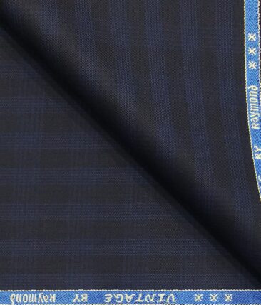 Raymond Dark Navy Blue Checks Poly Viscose Unstitched Fabric (1.25 Mtr) For Trouser, Blazer or Suit