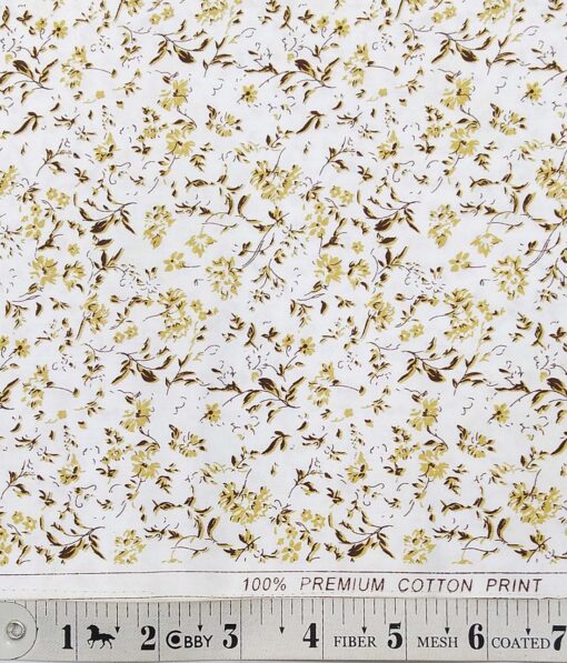 Solino White 100% Premium Cotton Brown Floral Print Shirt Fabric (1.60 M)