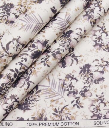 Solino White 100% Premium Cotton Purple Floral Print Shirt Fabric (1.60 M)