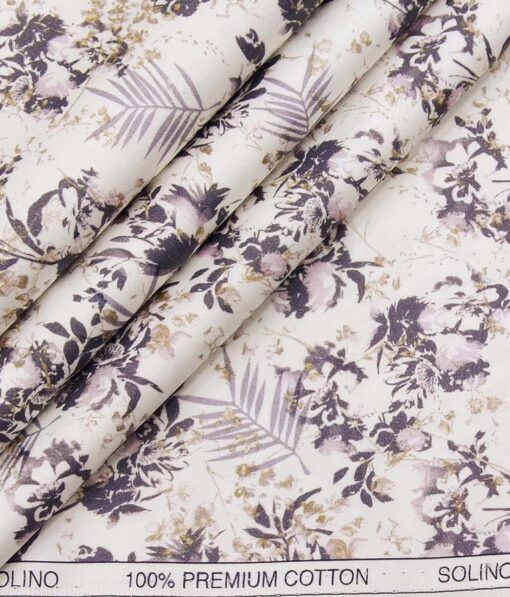 Solino White 100% Premium Cotton Purple Floral Print Shirt Fabric (1.60 M) - Image 1