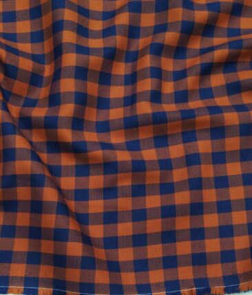 Bombay Rayon Orange & Blue 100% Pure Cotton Burberry Checks Shirt Fabric (1.60 M)