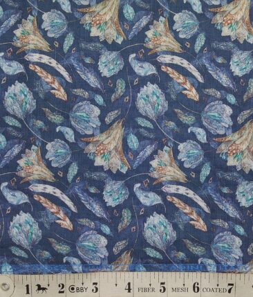 Cadini Italy Aegean Blue Cotton Linen Digital Floral Print Shirt Fabric (1.60 M)