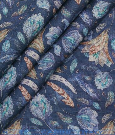 Cadini Italy Aegean Blue Cotton Linen Digital Floral Print Shirt Fabric (1.60 M)