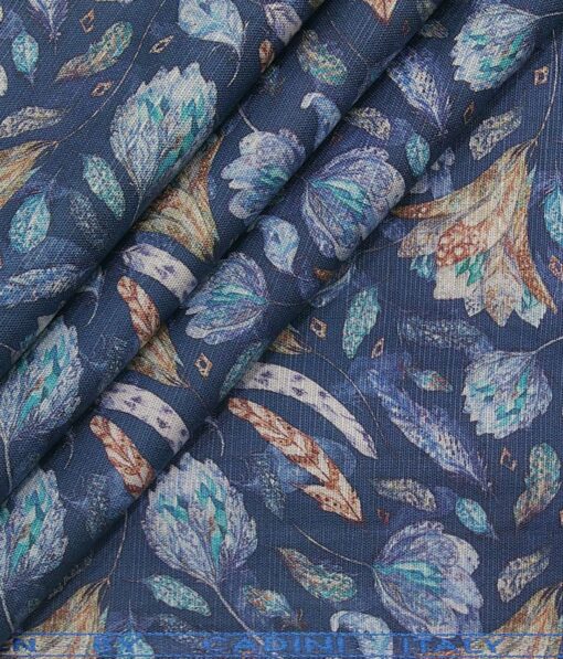 Cadini Italy Aegean Blue Cotton Linen Digital Floral Print Shirt Fabric (1.60 M)