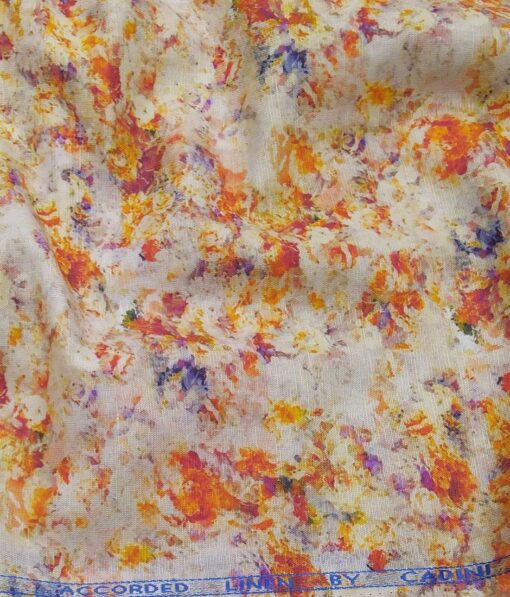Cadini Italy Beige Cotton Linen Digital Spray Print Shirt Fabric (1.60 M)