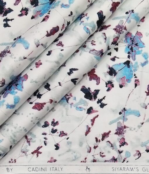 Cadini Italy White 100% Cotton Multi Color Floral Print Shirt Fabric (1.60 M)