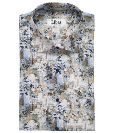 Nemesis White & Blue Multi Color 100% Egyptian Giza Cotton Digital Floral Print Shirt Fabric (1.60 M)